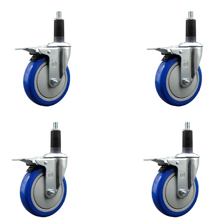 Service Caster 5'' SS Blue Poly Swivel 1-1/8'' Expanding Stem Caster Set Total Lock Brake, 4PK SCC-SSEXTTL20S514-PPUB-BLUE-118-4